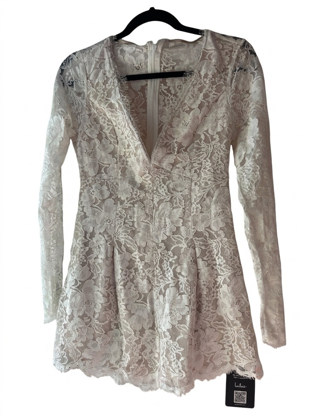 Lulu's Ivory Floral Lace Long-Sleeve romper. Bridal party, bachelorette party.